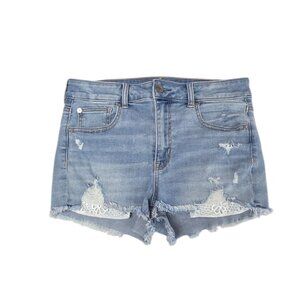 American Eagle High Rise Shortie, Peekaboo Pocket Crochet, Blue, Denim, Size 8